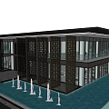 Modern Sales Center Building With Glass Curtain Walls Dark Lattice Panels Pink Tree And Pedestrians