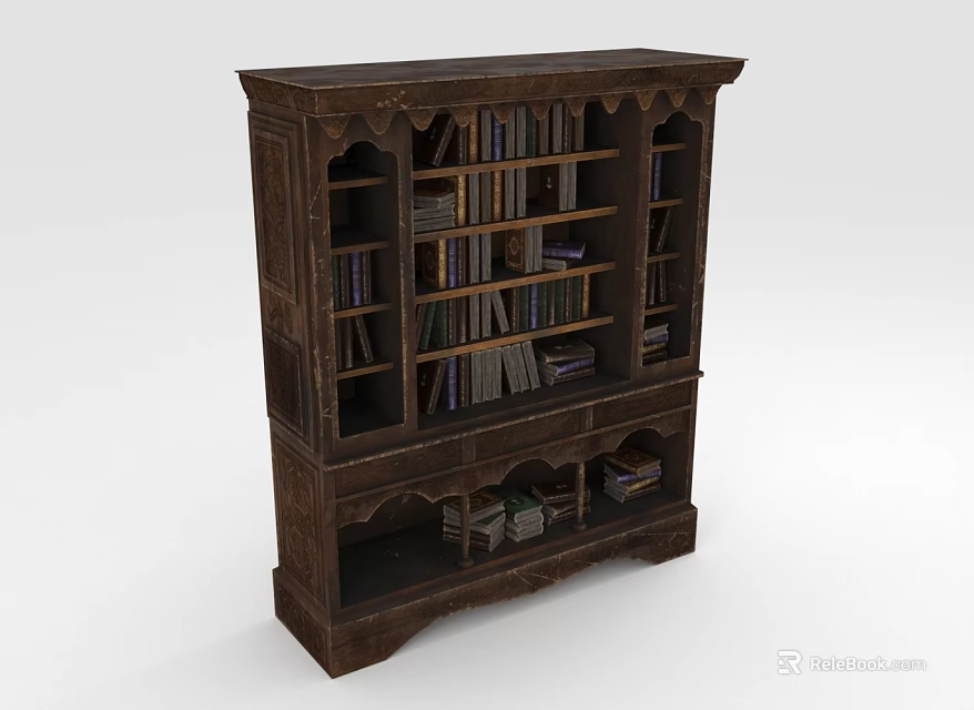 Antique Solid Wood Bookcase Featuring Ornate Carvings And Shelves Filled With Books 3d model 