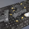 Various Handguns And Bullets Placed On Black Surface With Star Patterns