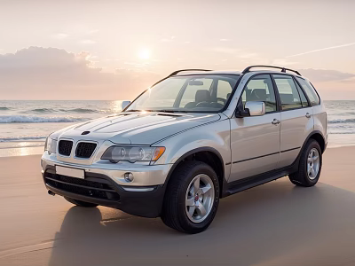 Silver BMW SUV Parked On Beach During Sunset With Ocean View 3d model
