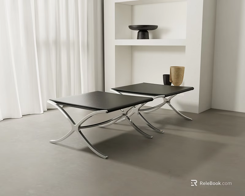 Two Modern Black Stools With Silver Metal Frame In Sleek Contemporary Room 3d model 