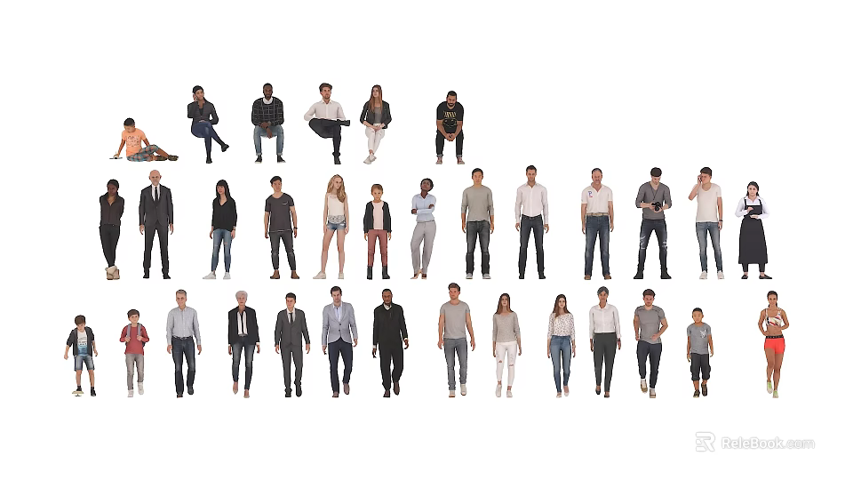Group of Diverse People in Various Poses and Different Clothing Styles 3d model 