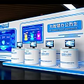 Other Tech Display Booth Featuring Blue Screens Interactive Interfaces White Podiums and Devices 3d model