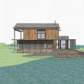 Detached Waterfront Villa With Wooden Structure Glass Elements Outdoor Deck And Boat Among Palm Trees