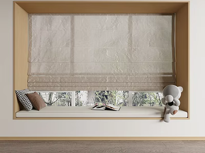 Beige Linen Roman Curtain With Window Seat Pillows And Green Trees View 3d model