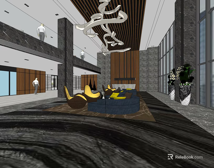 Modern Front Desk Reception Area With Chandelier Sofa Seating Marble Floor And Large Windows 3d model 