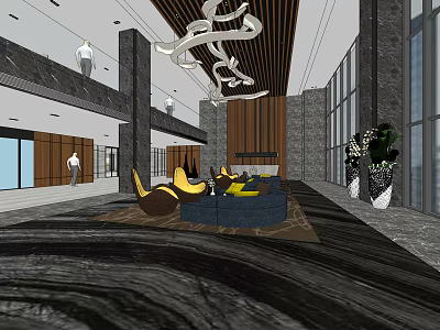 Modern Front Desk Reception Area With Chandelier Sofa Seating Marble Floor And Large Windows 3d model