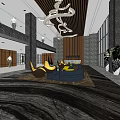 Modern Front Desk Reception Area With Chandelier Sofa Seating Marble Floor And Large Windows