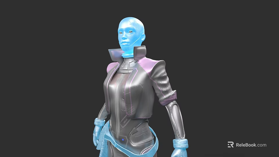 Female Cybernetic Figure In Futuristic Silver And Purple Outfit With Blue Glowing Accents 3d model 