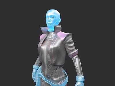 Female Cybernetic Figure In Futuristic Silver And Purple Outfit With Blue Glowing Accents 3d model