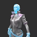 Female Cybernetic Figure In Futuristic Silver And Purple Outfit With Blue Glowing Accents