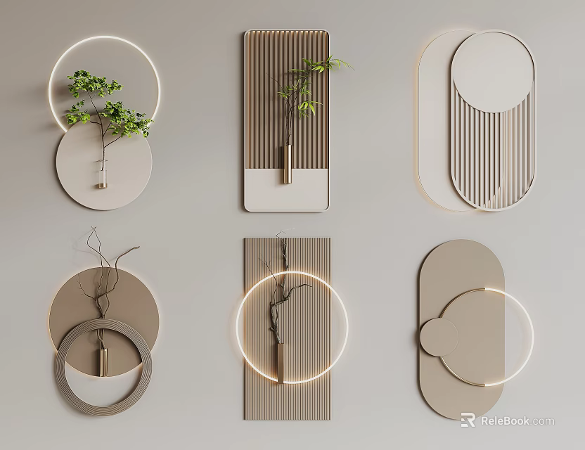 Modern Minimalist Wall Decor With Plants Geometric Designs And Lighting 3d model 