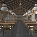 Modern Restaurant Interior Design With Wooden Ceiling Pendant Lights And Long Tables Chairs