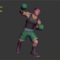 Man In Boxing Stance Wearing Green Gloves Black Tank Top Green Shorts And Purple Boots