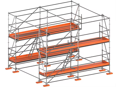 Scaffolding Structure With Multi Level Metal Frame And Orange Planks 3d model