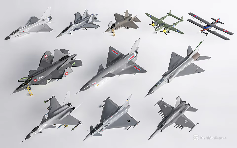 Various Detailed Fighter Jet Models Displayed With Different Military Aircraft Designs 3d model 