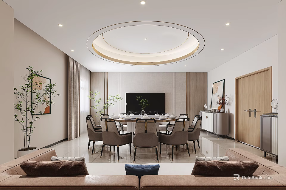 Modern Private Room Interior With Round Ceiling Light Dining Table Chairs Sofa And Marble Floor 3d model