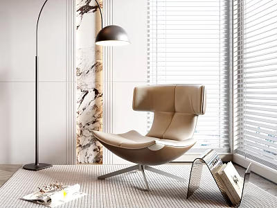Modern Leather Leisure Chair With Floor Lamp Window Blinds Marble Column And Magazine Rack 3d model