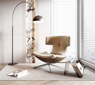 Modern Leather Leisure Chair With Floor Lamp Window Blinds Marble Column And Magazine Rack 3d model
