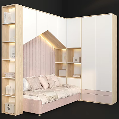 Warm Children's Bed Design With Wooden Frame Pink Upholstery And Storage Shelves 3d model