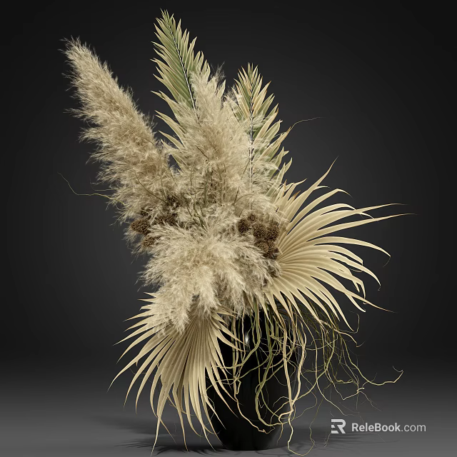 Cream Colored Dried Pampas Grass And Palm Leaves In Black Vase Decor 3d model 
