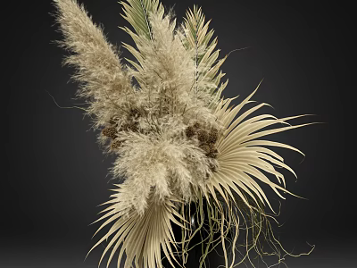 Cream Colored Dried Pampas Grass And Palm Leaves In Black Vase Decor 3d model