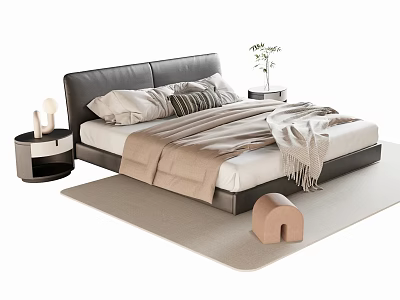 Double Bed Black Leather Headboard White Mattress Pillows Blankets Nightstands Table Lamp Green Plant Rug 3d model