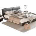 Double Bed Black Leather Headboard White Mattress Pillows Blankets Nightstands Table Lamp Green Plant Rug