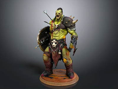Muscular Green Skinned Man With Shield Spear And Skull Decoration Standing On Base 3d model