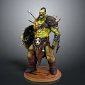 Muscular Green Skinned Man With Shield Spear And Skull Decoration Standing On Base