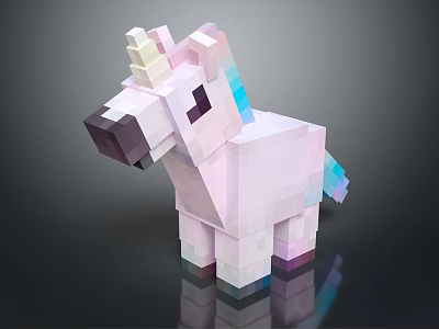 3D Pixelated Pink Unicorn Doll With Block Style Rainbow Mane Tail 3d model