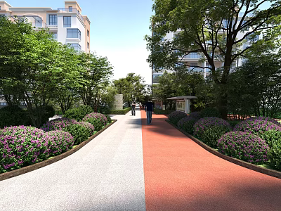 Pedestrian Walkway In Residential Area With Red Gray Pavement Green Bushes And Trees 3d model
