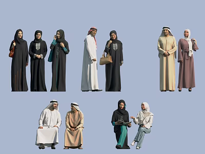 Group of Middle Eastern People in Traditional Attire Standing and Sitting in Various Poses 3d model