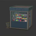 Small Blue Kiosk With Glass Front And Items Displayed Inside Sign On Top