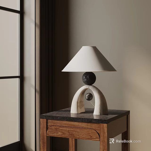 Modern Table Lamp With White Lampshade Curved Base And Black Sphere On Wooden Nightstand 3d model 