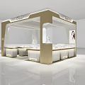 Elegant Jewelry Store Interior With White And Gold Display Cases And Jewelry Exhibits