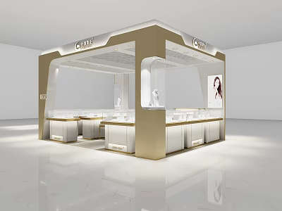 Elegant Jewelry Store Interior With White And Gold Display Cases And Jewelry Exhibits 3d model