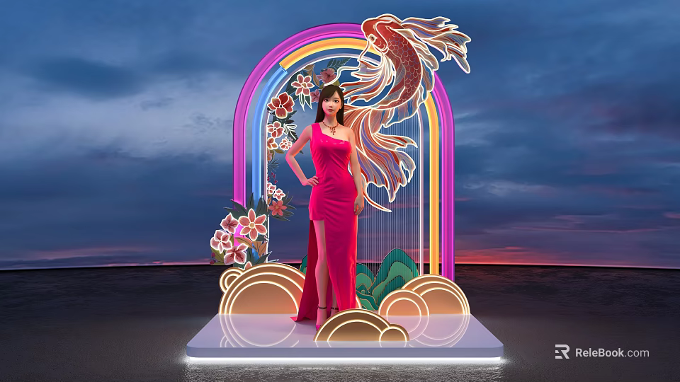 Colorful Neon Arch Photo Spot With Koi Fish Flowers And Sunset Background 3d model 
