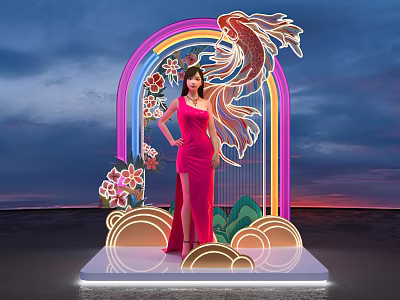 Colorful Neon Arch Photo Spot With Koi Fish Flowers And Sunset Background 3d model