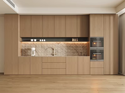 Modern Kitchen Interior Featuring Stylish Wooden Wine Cabinet And Marble Countertop 3d model