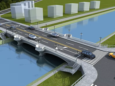 Modern Urban Bridge With Cars Street Lamps Water Green Grass And White Buildings 3d model