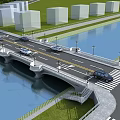 Modern Urban Bridge With Cars Street Lamps Water Green Grass And White Buildings
