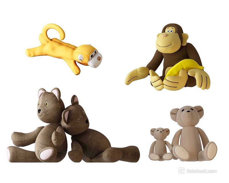 Cute Stuffed Plush Dolls Collection Including Monkey Bear and Various Animal Toys for Kids 3d model 