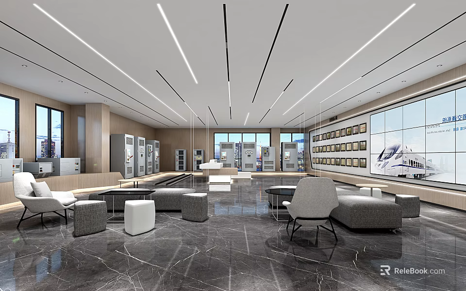 Modern Exhibition Hall Interior With Spacious Design Bright Lighting And Comfortable Seating 3d model 