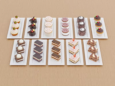 Assorted Delicious Desserts On White Plates With Cream Chocolate Toppings On Wooden Table 3d model