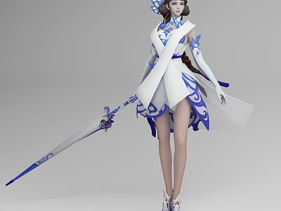 Fantasy Game Character In Blue White Outfit With Intricate Patterns Holding Long Staff And Ribbons 3d model