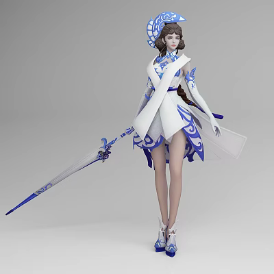 Fantasy Game Character In Blue White Outfit With Intricate Patterns Holding Long Staff And Ribbons 3d model