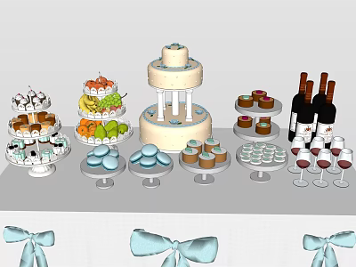 Elegant Dessert Table Display With Multi Tiered Cake Fruit Towers Cupcakes Macarons Red Wine Glasses 3d model