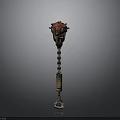 Ancient Ornate Weapon With Long Metal Handle And Red Decorative Top
