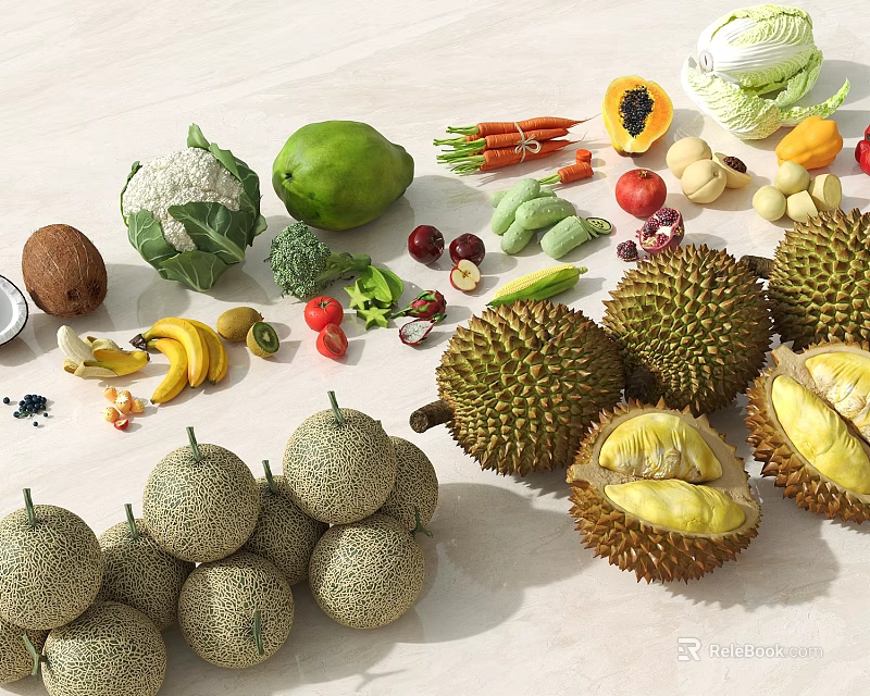 Tropical Fresh Fruits Display On Table Including Durian Cantaloupe Banana Papaya And Coconut 3d model 